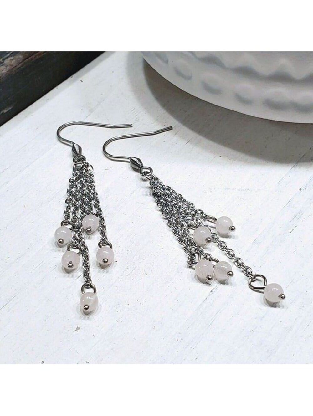 Modern Rose Quartz Stone Beads Surgical Stainless Steel Chain Earrings